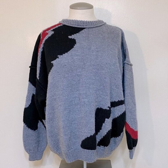 Vintage Handmade Grey Acrylic Knit Crew Neck Sweater L - Picture 1 of 9